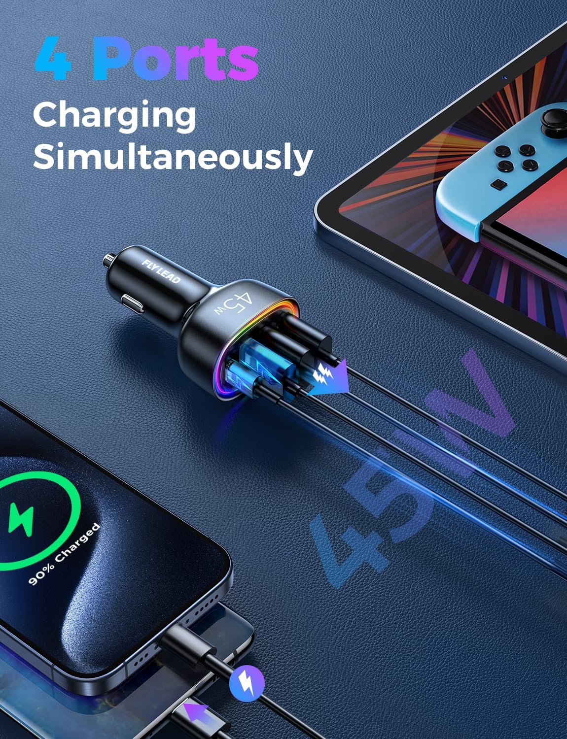 Weighing USB C Car Charger, 45W 4 Ports Super Fast Car Charger Adapter, PD3.0 & QC3.0 30W Type C Car Charger