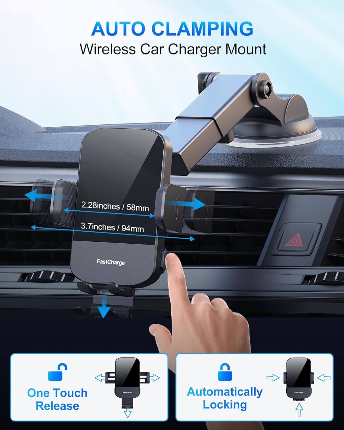 Breakdown of Wireless Car Charger, CHGeek 15W Fast Auto Clamping Car Charger Phone Holder