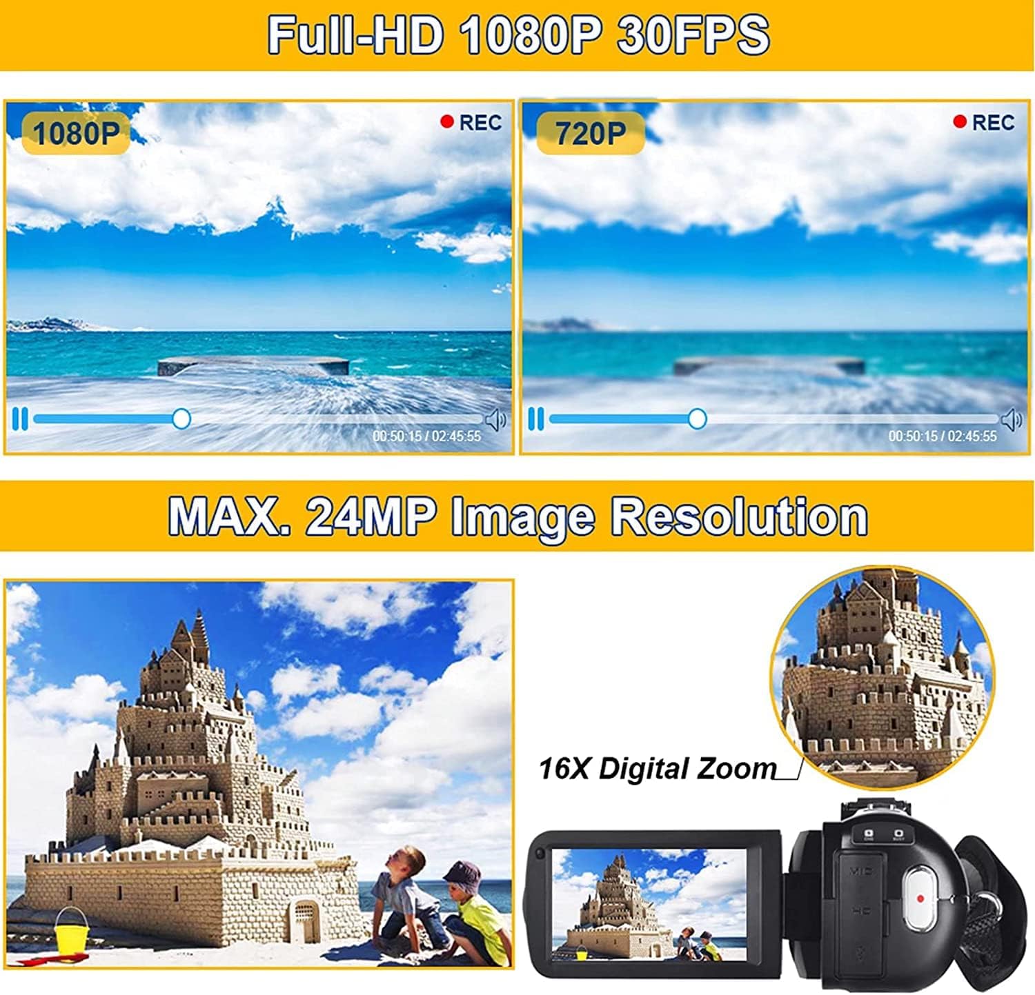 Check of Video Camera Camcorder Full HD 1080P 30FPS 24.0 MP IR Night Vision Vlogging Camera Recorder 3.0 Inch IPS Screen 16X Zoom Camcorders Camera Remote Control with 2 Batteries