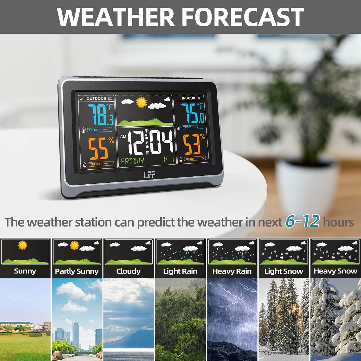 Expose on LFF Weather Station Indoor Outdoor Thermometer Wireless, Color Display Digital Weather Thermometer with Atomic Clock, Weather Forecast Station with Backlight