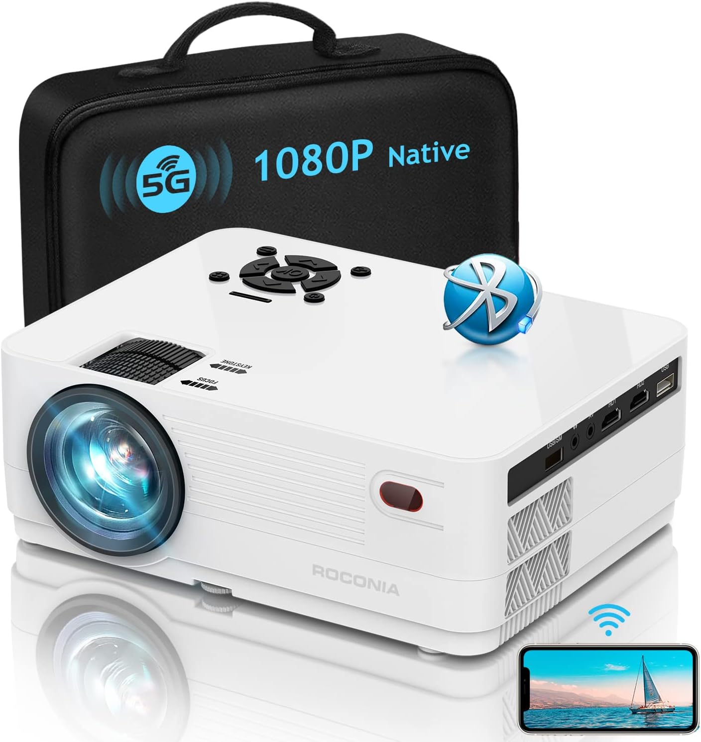 Review of 5G WiFi Bluetooth Native 1080P Projector, Roconia 12000LM Full HD Movie Projector (White)