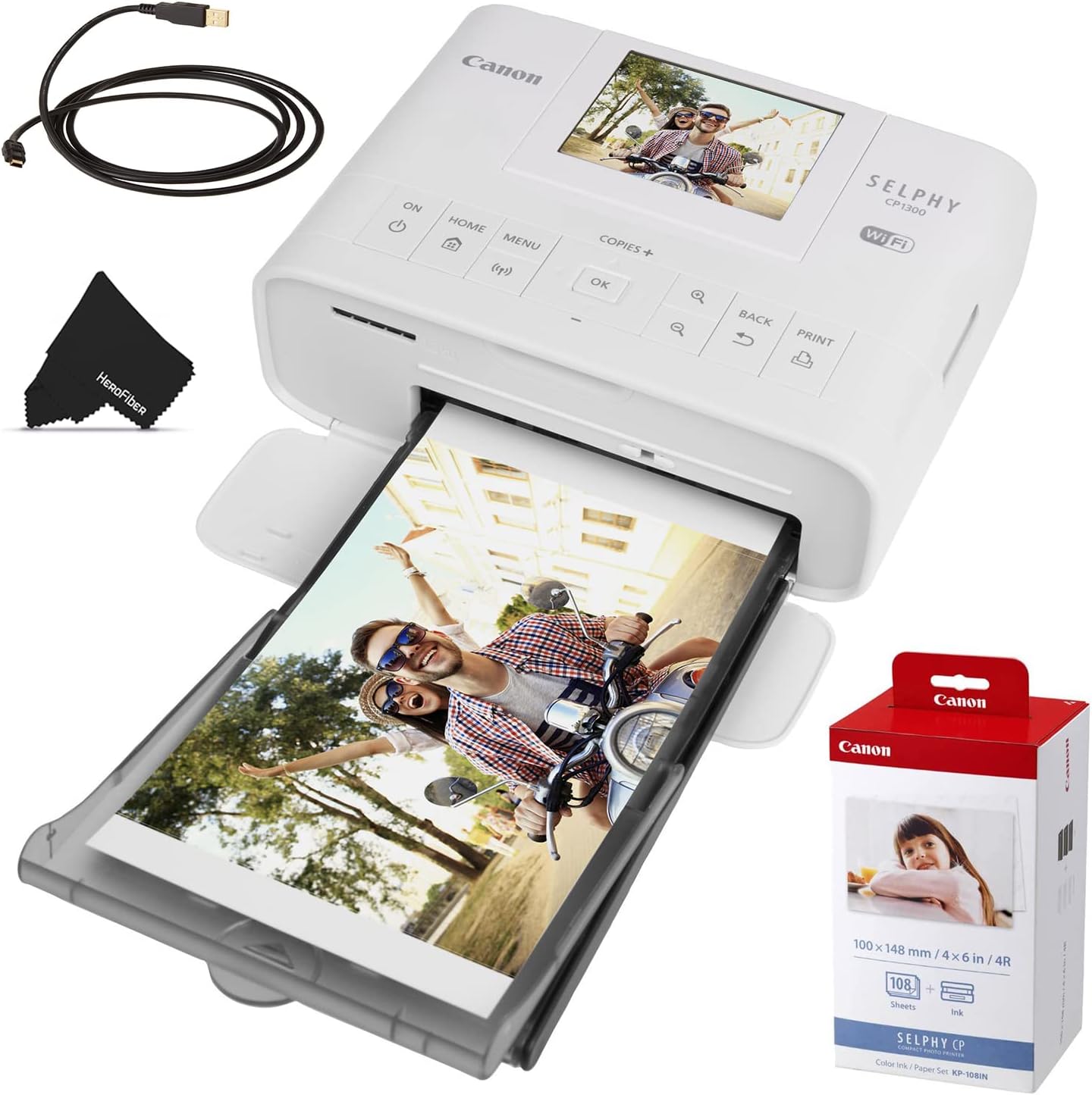 Review of Canon SELPHY CP1300 Wireless Compact Photo Printer (White) + Canon KP-108IN Color Ink Paper Set + USB Printer Cable + HeroFiber Ultra Gentle Cleaning Cloth