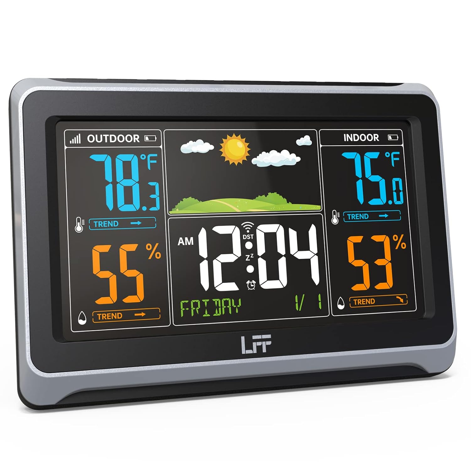 Review of LFF Weather Station Indoor Outdoor Thermometer Wireless, Color Display Digital Weather Thermometer with Atomic Clock, Weather Forecast Station with Backlight