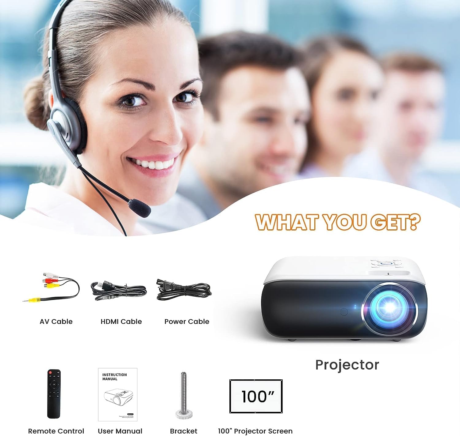 Synopsis: HAPPRUN Projector, Native 1080P Bluetooth Projector with 100''Screen, 9500L Portable Outdoor Movie Projector