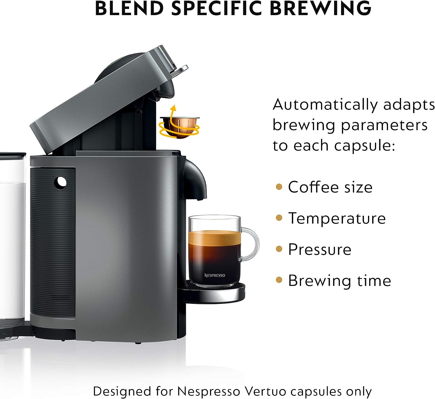 Synopsis: Nespresso VertuoPlus Deluxe Coffee and Espresso Machine by De'Longhi, Titan,Gray
