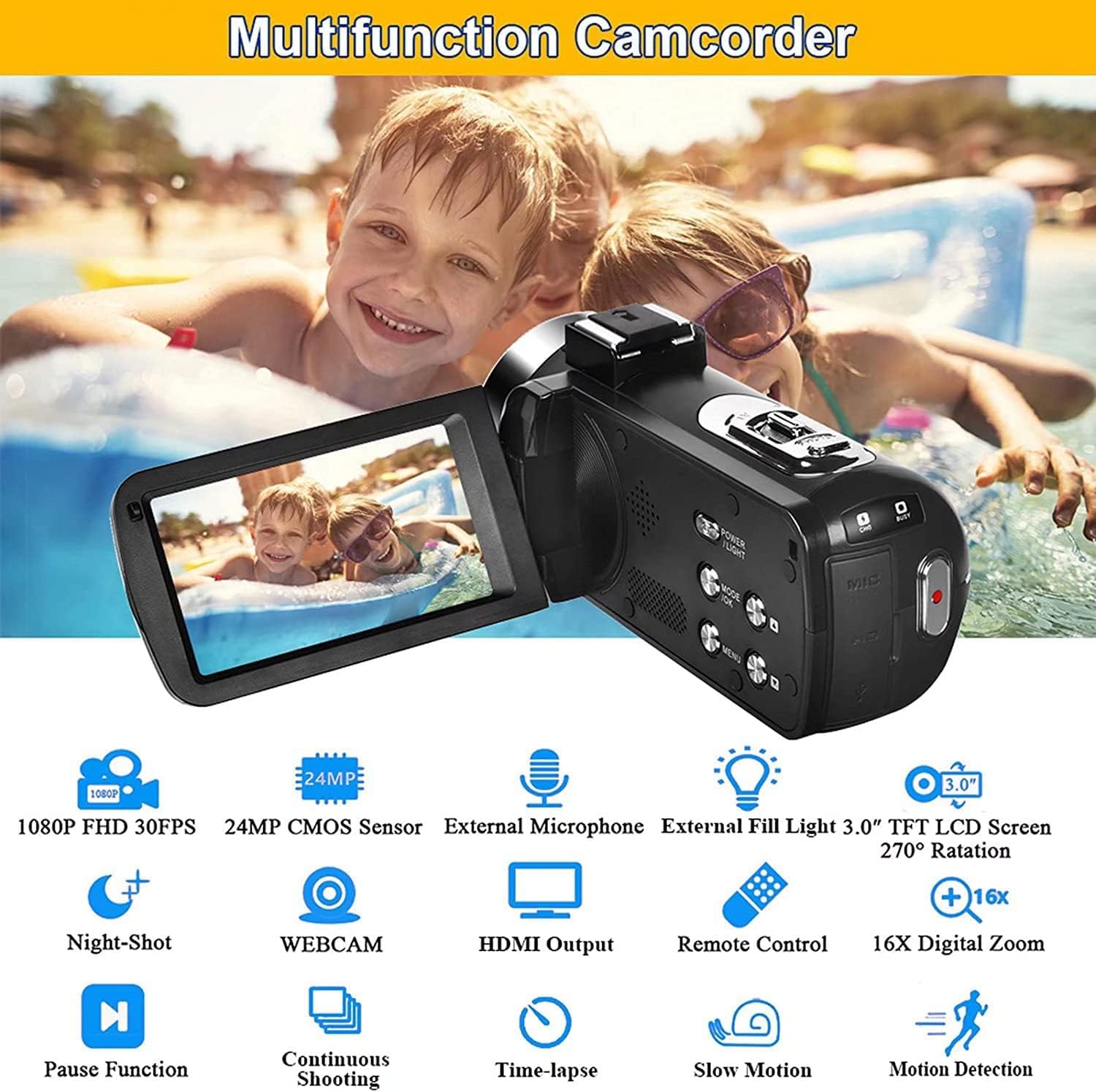 Verdict: Video Camera Camcorder Full HD 1080P 30FPS 24.0 MP IR Night Vision Vlogging Camera Recorder 3.0 Inch IPS Screen 16X Zoom Camcorders Camera Remote Control with 2 Batteries